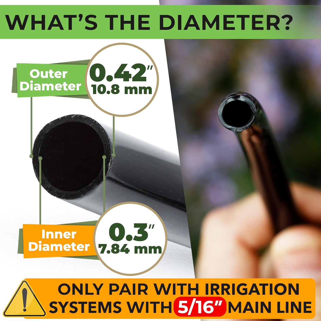 The kit includes 200 ft of 5/16" Black Drip Irrigation Tubing (0.42” OD x 0.30” ID) and 2 x "Grow Your Own Vegetables & Fruits" Guides (Digital Format)