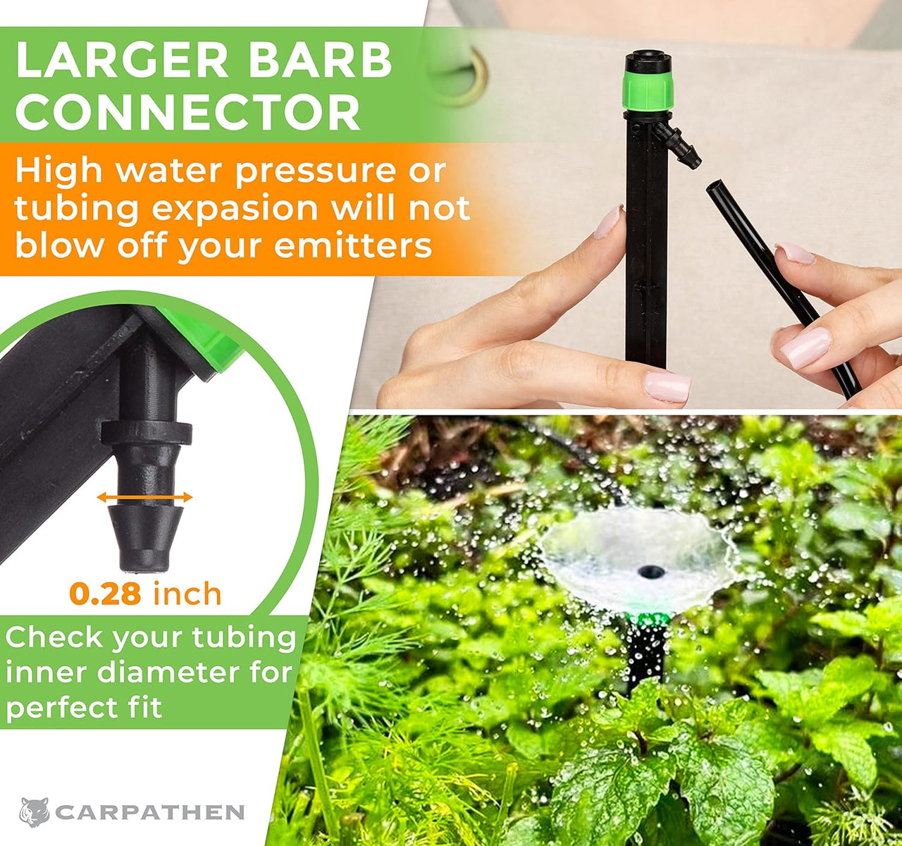 Kit includes 12 x Drip Emitters for 1/4" drip irrigation tubing, 12 x 1/4" Barbed Couplings for easy connection, 12 x Extra Irrigation Sprinkler Heads to customize watering patterns, 1 x 1/4" Mini Hole Punch for drilling the 1/2" drip line