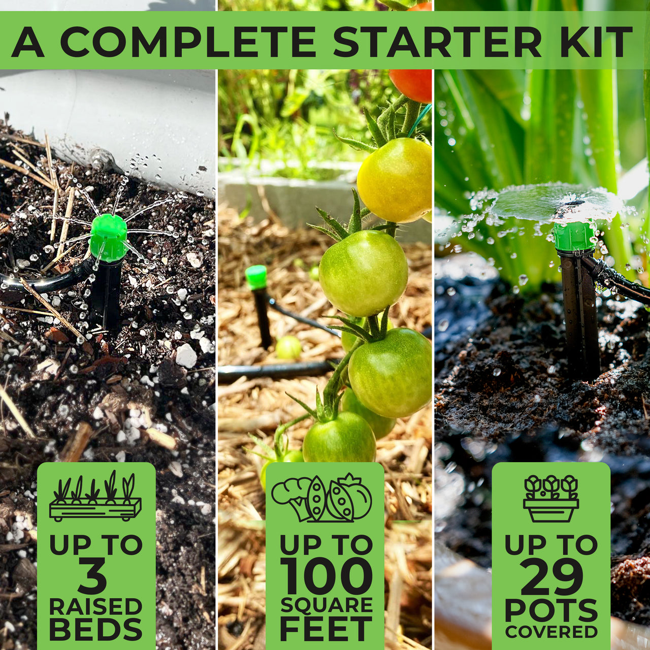 Upgrade your garden with this complete drip irrigation kit, featuring 30 adjustable emitters, 50 ft of 5/16" mainline tubing, and 50 ft of 1/4" branch tubing.