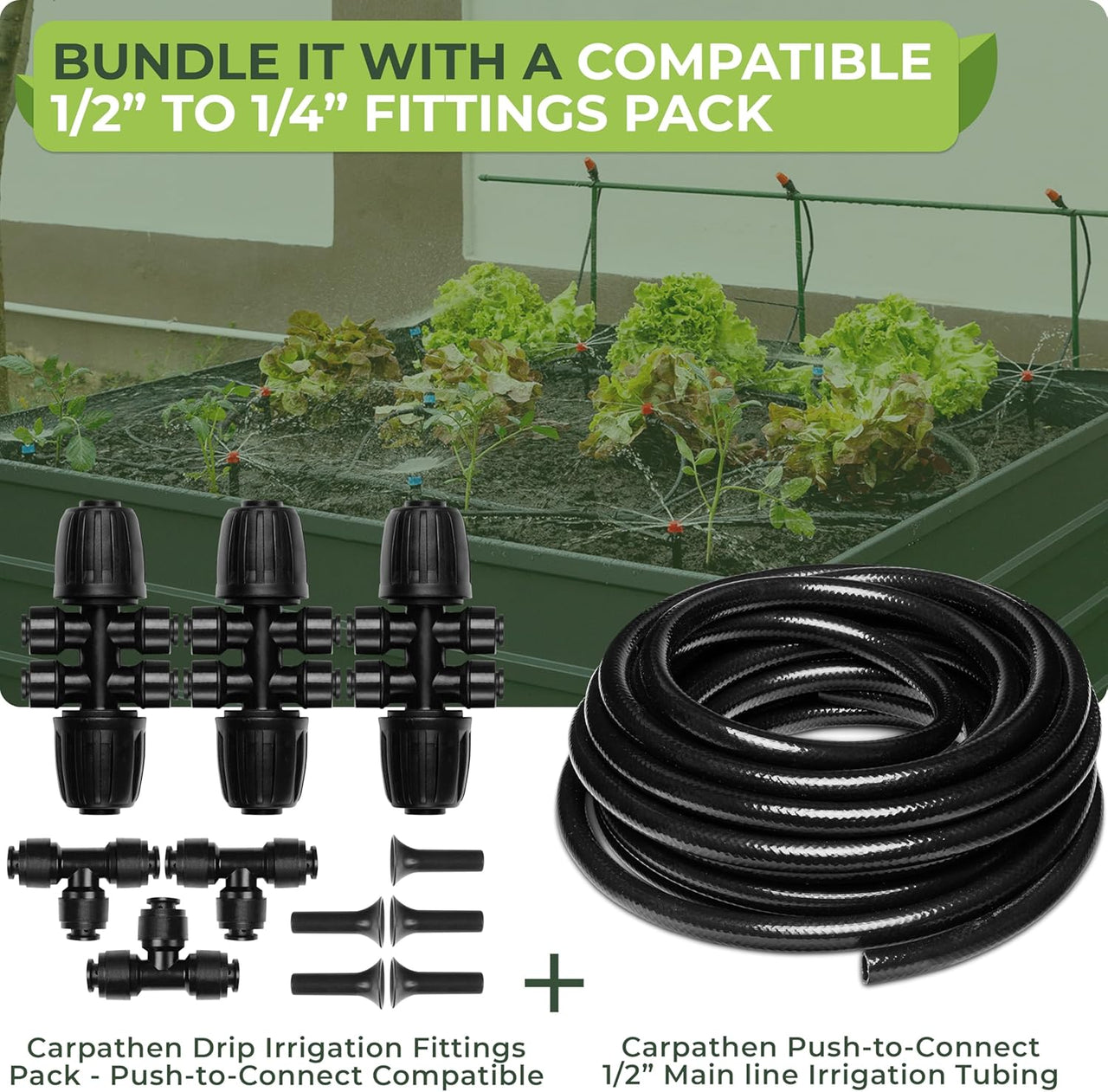 Bundle with a compatible 1/2" to 1/4" fittings pack - Carpathen Drip Irrigation Fittings Pack - Push-to-Connect