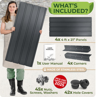 Garden raised bed includes 4 long panels, 4 corners, 45 stainless steel nuts, screws, widgets, and 42 safety covers, along with an assembly manual