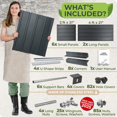 Garden raised beds include 2 long panels, 6 short panels, 8 corners, 4 U-shaped strips, 6 support bars, over 100 nuts, screws, widgets, and 82 safety covers, along with an assembly manual