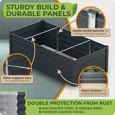 Complete Raised Bed featuring Long and Short Panels, Corner Pieces, U-Shaped Support Strips, Interior Support Bars, Nuts, Screws & Widgets