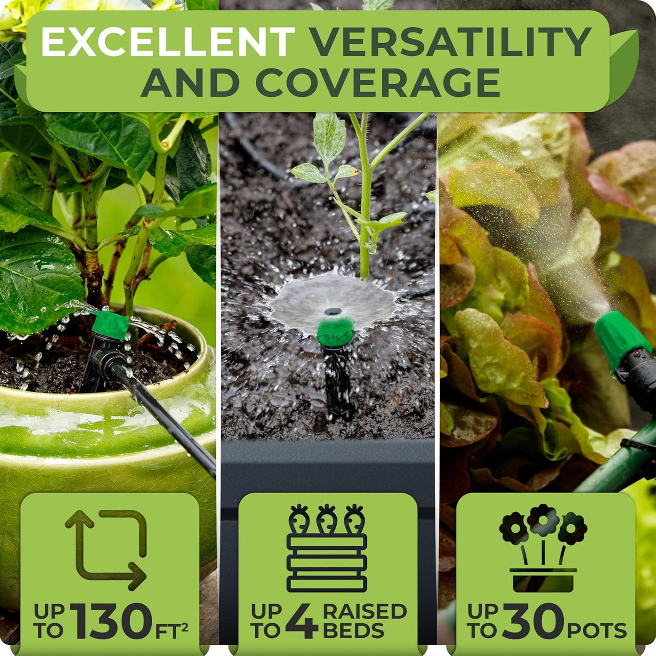 ideal as a garden starter kit for healthy vegetables, an automatic watering system for potted plants, a raised garden bed watering system, or a reliable garden grid watering system