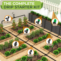 Thumbnail for garden watering system includes: 24 x Drip Irrigation Emitters +10 x Mist Nozzles + 33ft flexible & durable 1/2 Drip Irrigation Tubing + 98ft 1/4 Drip Irrigation Tubing + 10 x locked barbed tee 1/2/ 4-Ways Connectors + 7 x Œ Tubing Tee Splitter + 5 x Tubing End Plugs + 1 x Water Connector + 1 x 1/2