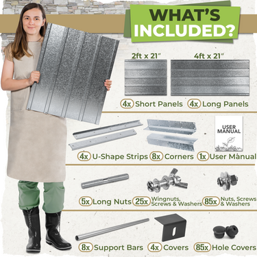 Complete Raised Bed featuring Long and Short Panels, Corner Pieces, U-Shaped Support Strips, Interior Support Bars, Nuts, Screws & Widgets