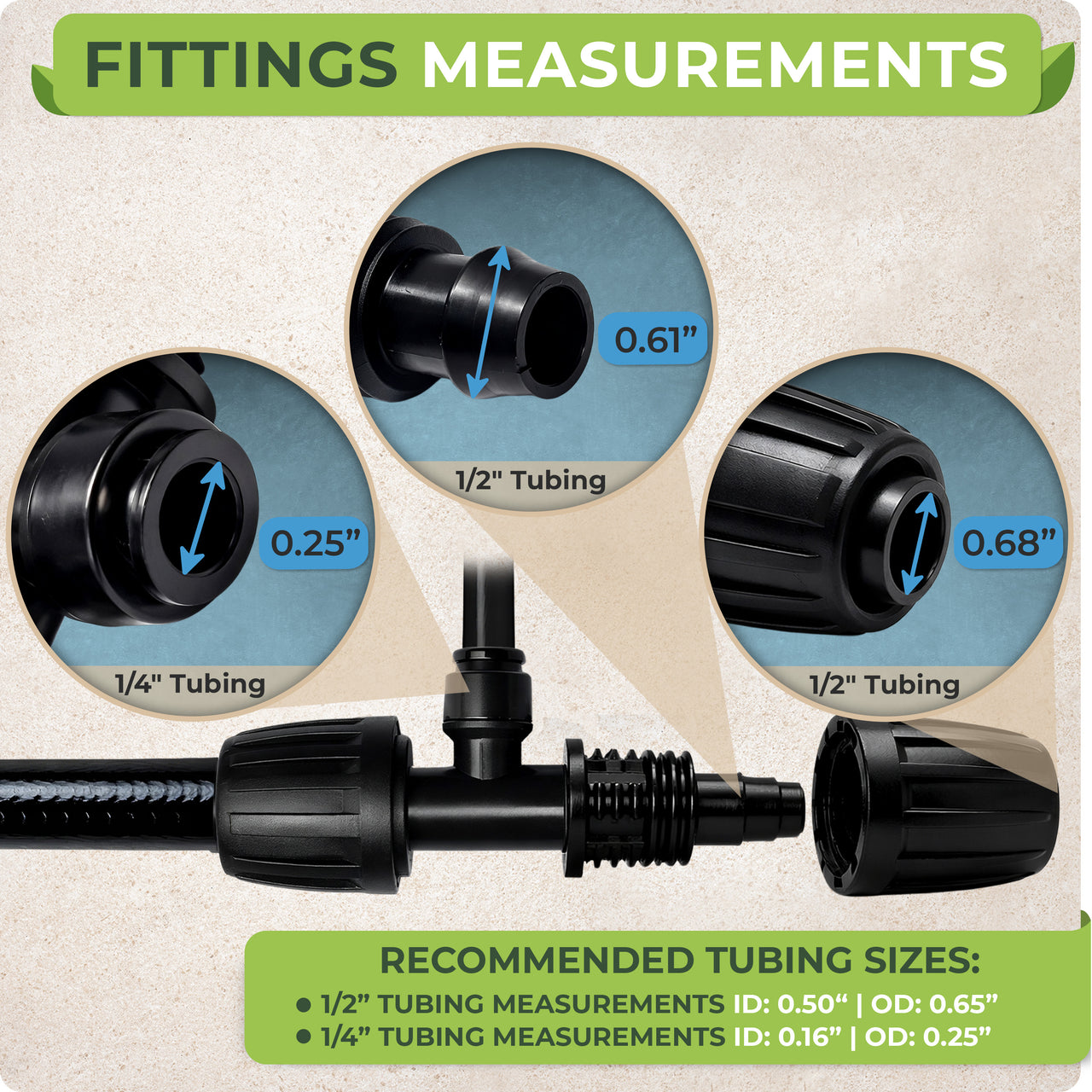 The 1/2 tubing can serve as the main drip irrigation 1/2 inch tubing for your drip irrigation kit and water your plants efficiently. Branch out with the 1/4 irrigation tubing and connect it to the drip irrigation emitters.