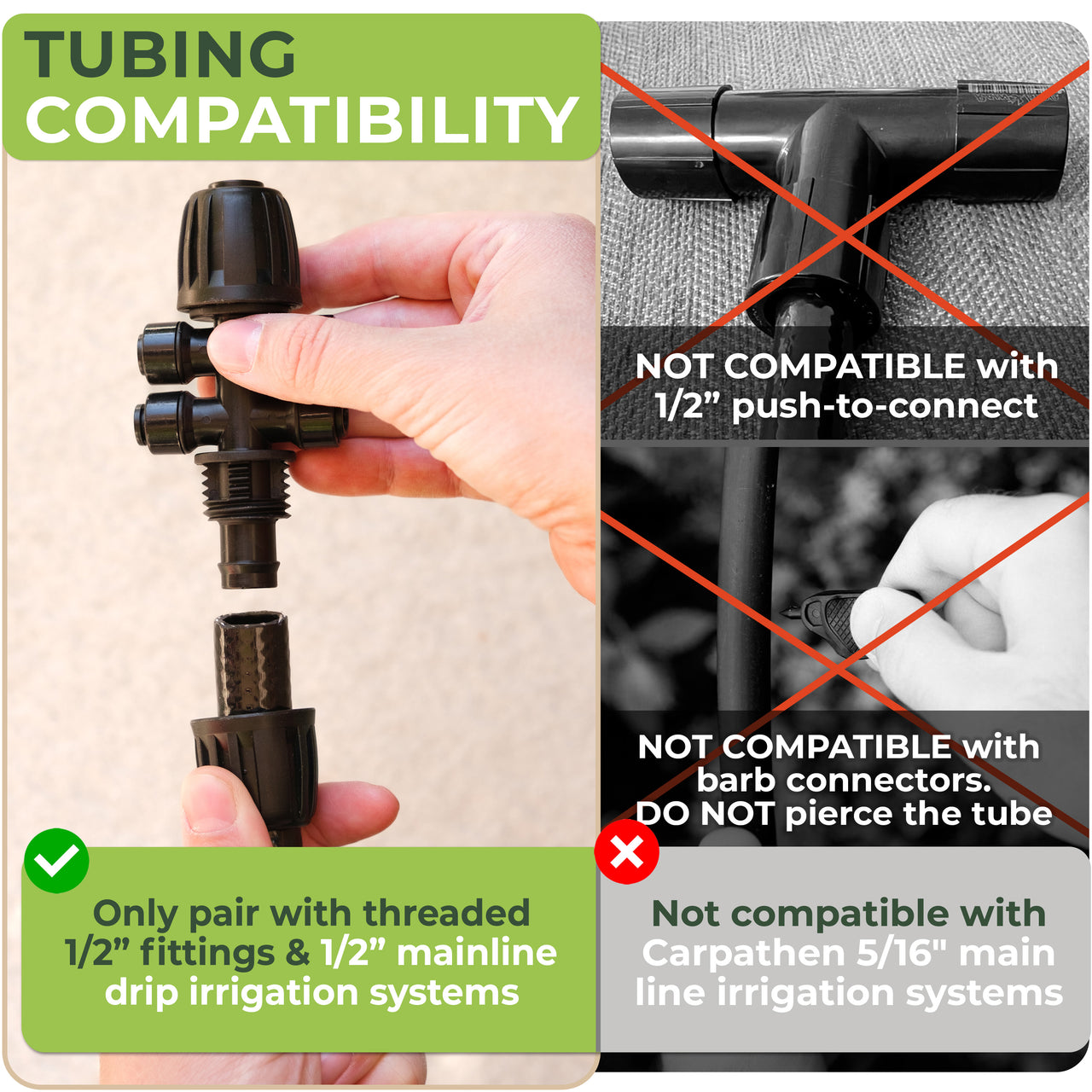 Only pair with threaded 1/2" fitting and 1/2" mainline drip irrigation systems