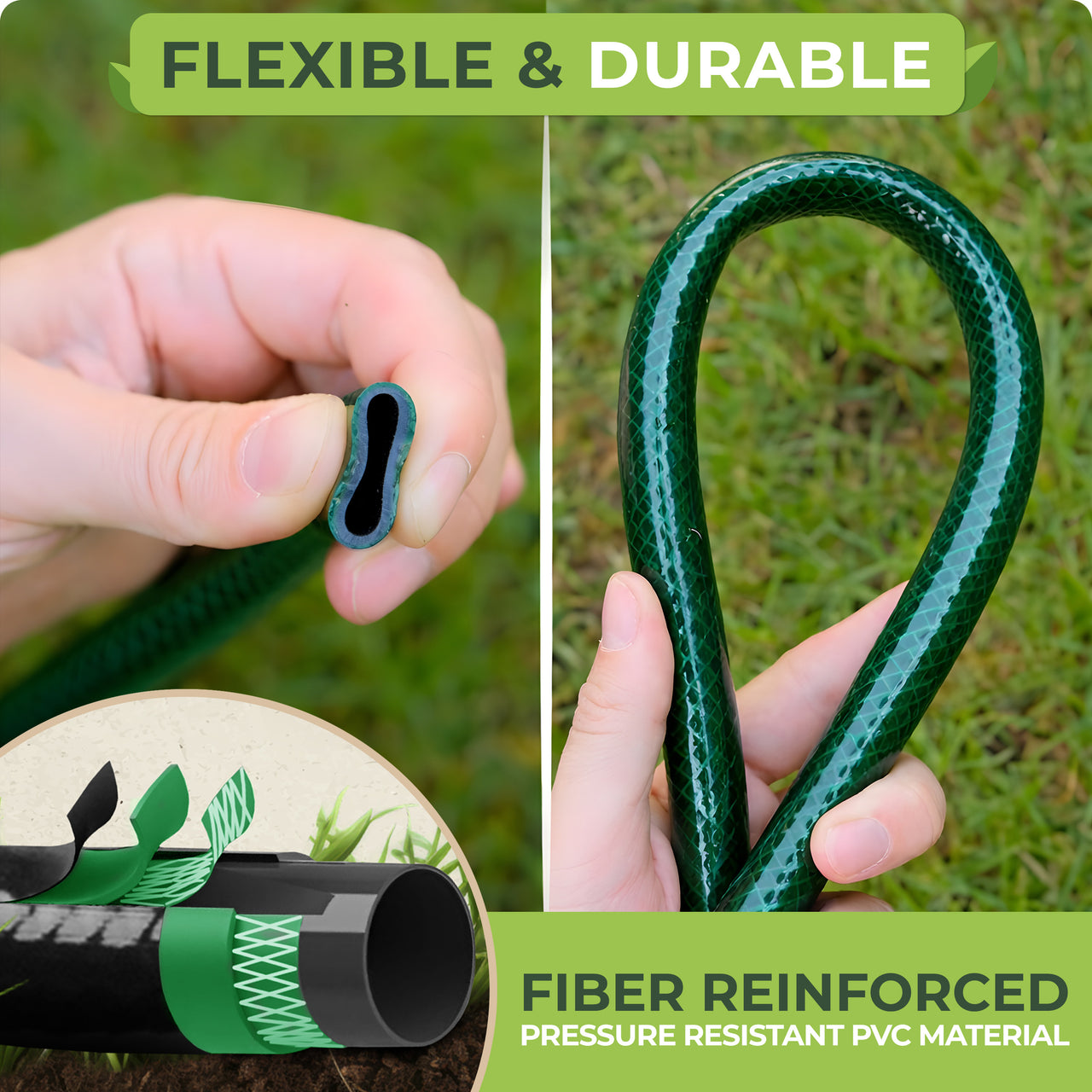 The flexibility of the green tubing enables it to perfectly fit tight planting areas with curves or switchbacks