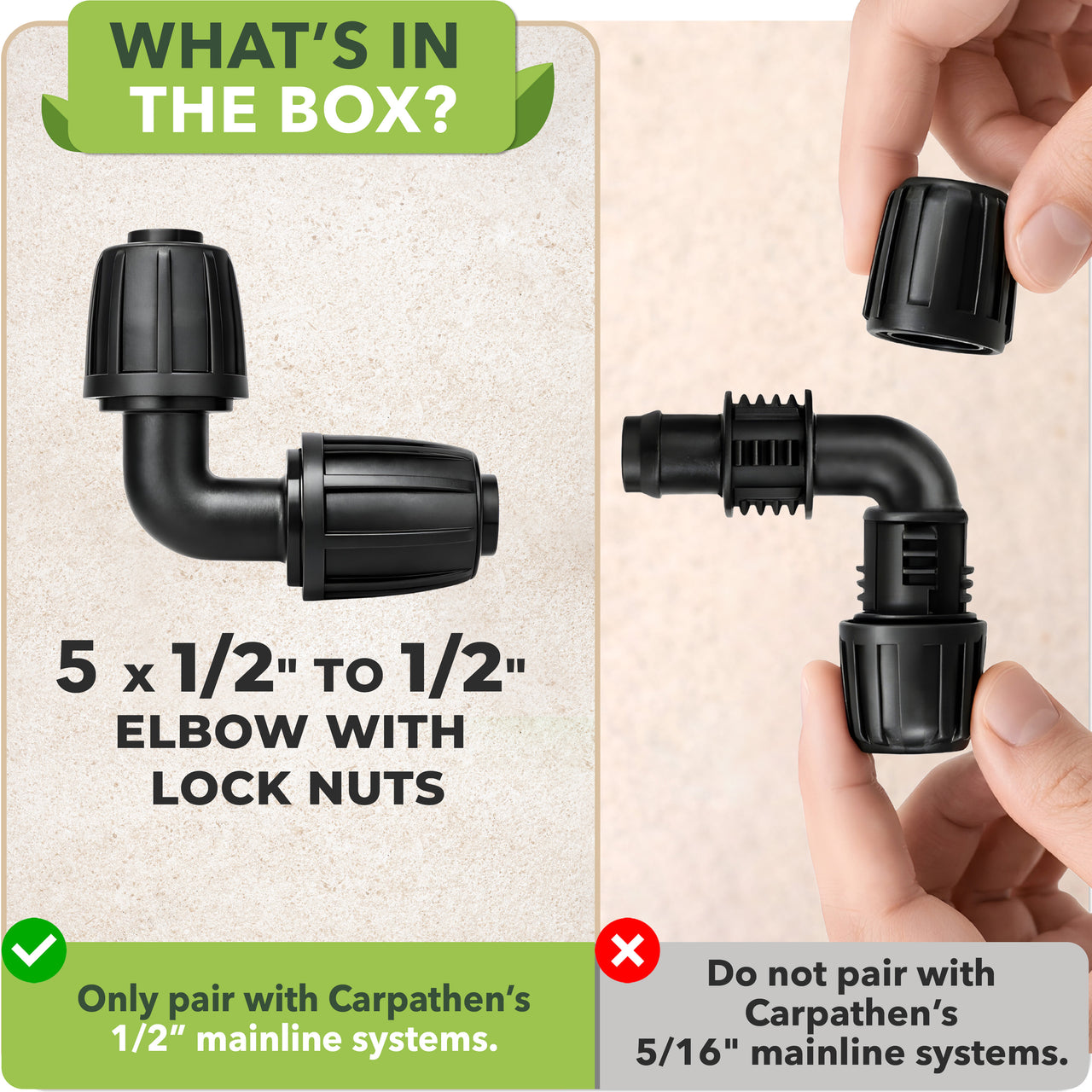  1/2" Drip Irrigation Elbow Connectors: 5 pcs 1/2" Elbow Fittings designed for creating 90-degree turns in 1/2" irrigation tubing.