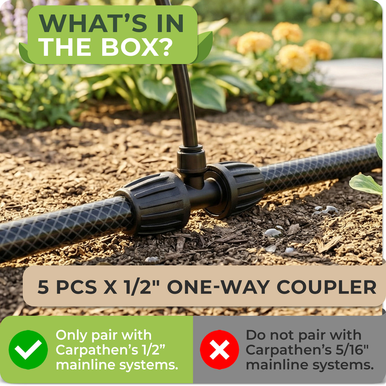 1/2" to 1/4" 1-Way Drip Irrigation Tee Connectors: 5 pcs 1-Way Tee Connectors (1/2" to 1/4") designed to connect a 1/4" drip line to a 1/2" mainline. 