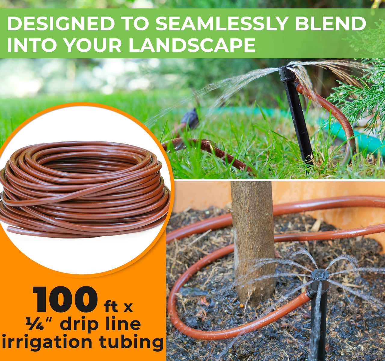  100 ft 1/4" Brown Drip Irrigation Hose is designed to seamlessly blend into your landscape 