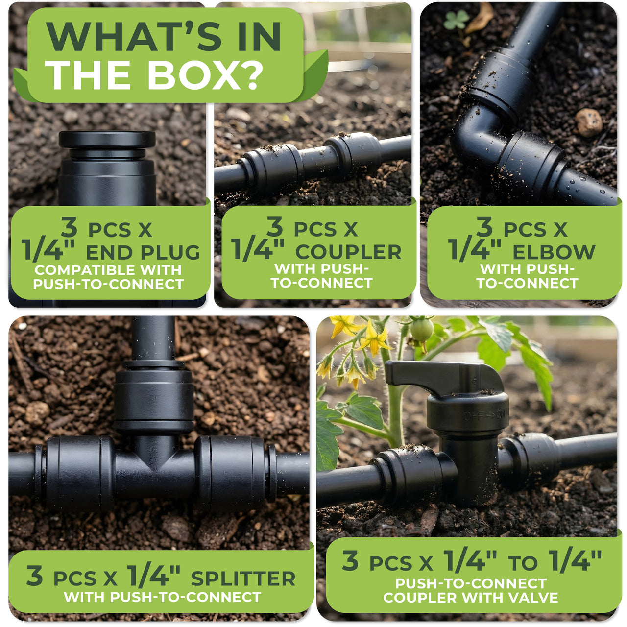 Drip Irrigation Parts - 1/4 Inch Tubing Fittings Set - 15 Pieces Inclu