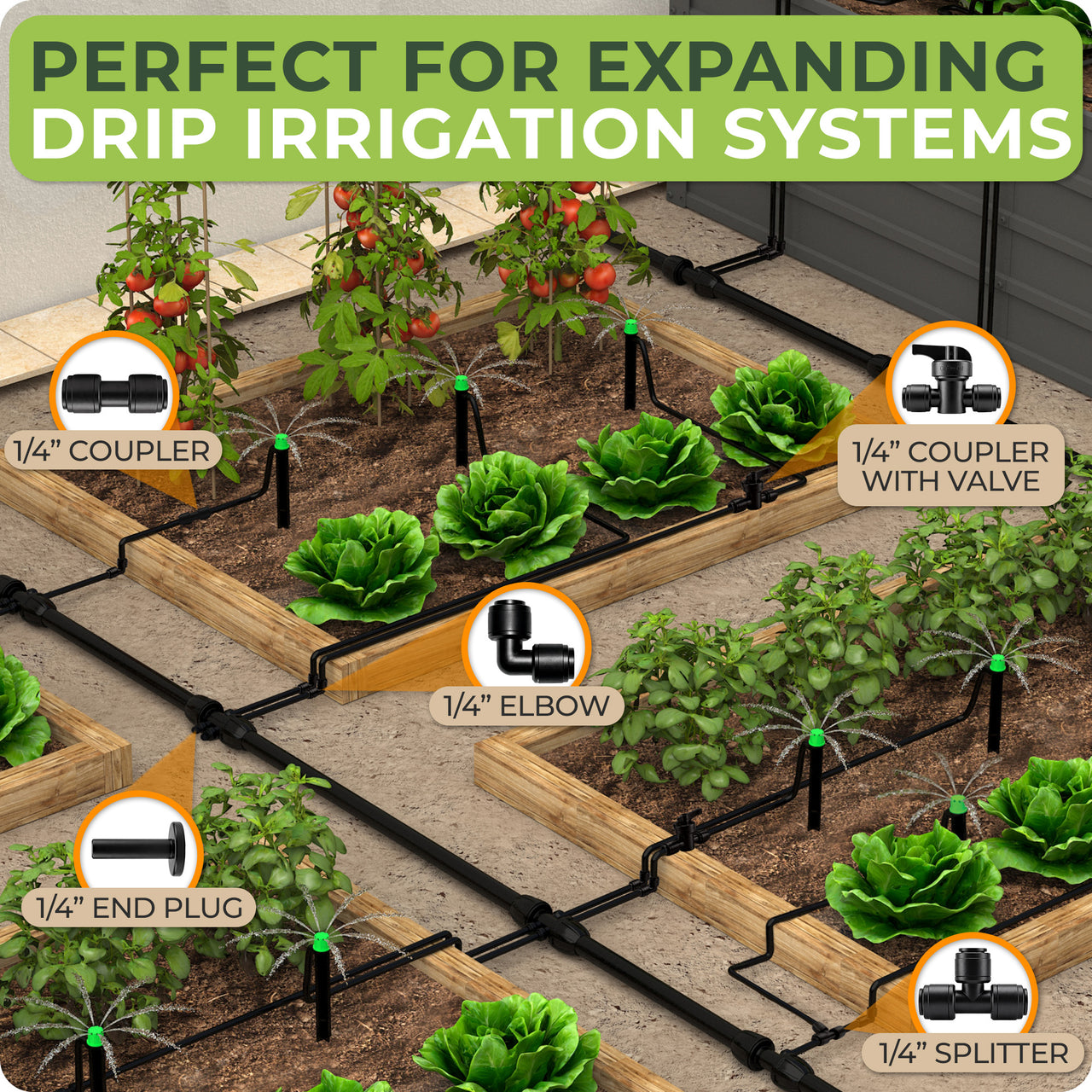 Complete 15 pcs drip irrigation fittings set designed for 1/4" tubing systems, perfect for building, expanding, or repairing your drip irrigation system with ease