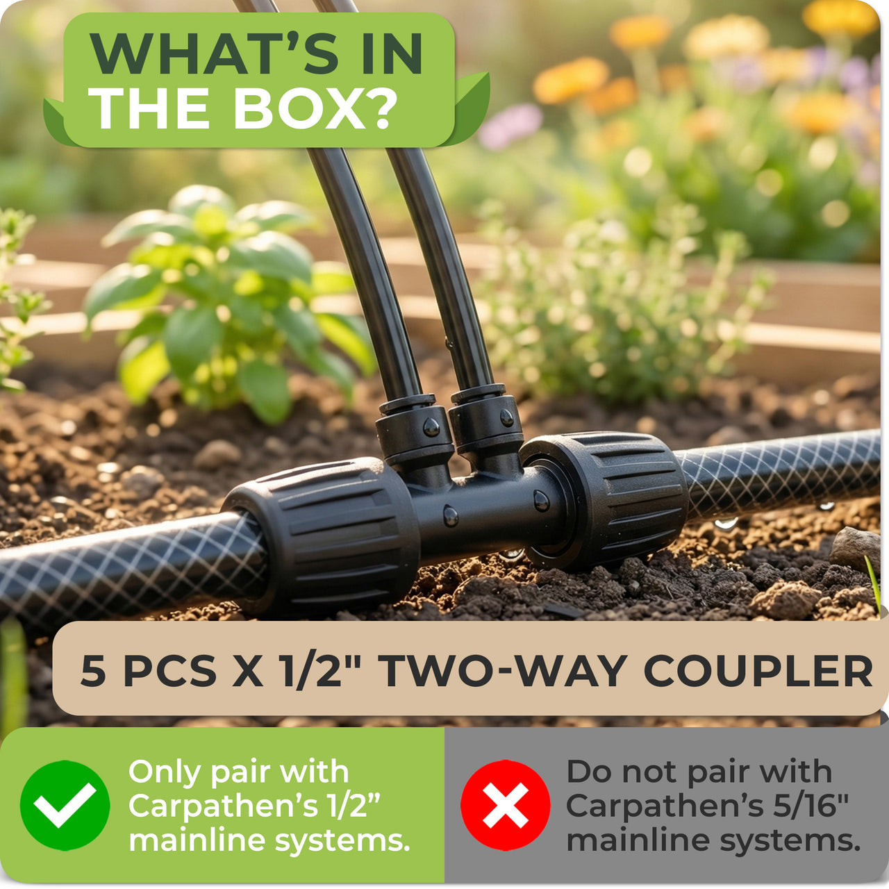 1/2" to 1/4" 2-Way Drip Irrigation Tee Connectors: 5 pcs 2-Way Tee Connectors (1/2" to 1/4") designed to split your 1/2" mainline into two 1/4" drip irrigation lines. 