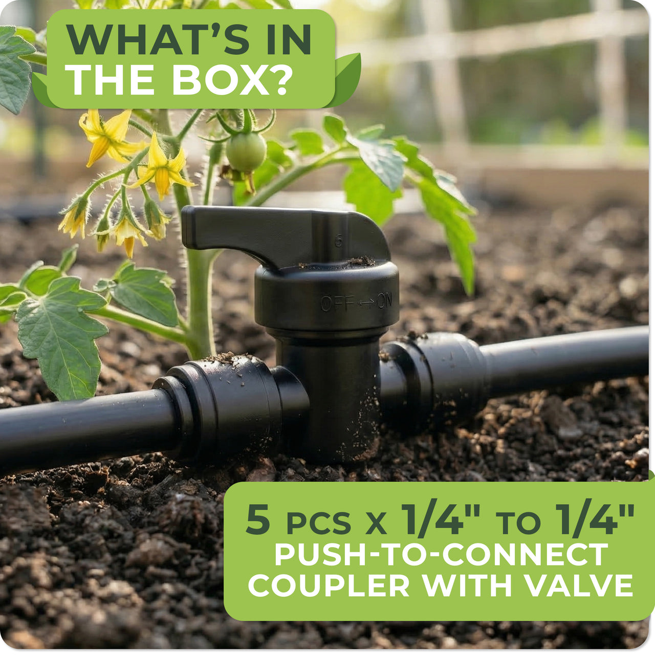 1/4" Drip Irrigation Shut Off Valves: 5 pcs 1/4" to 1/4" Couplers with Integrated Shut Off Valve designed for drip irrigation tubing