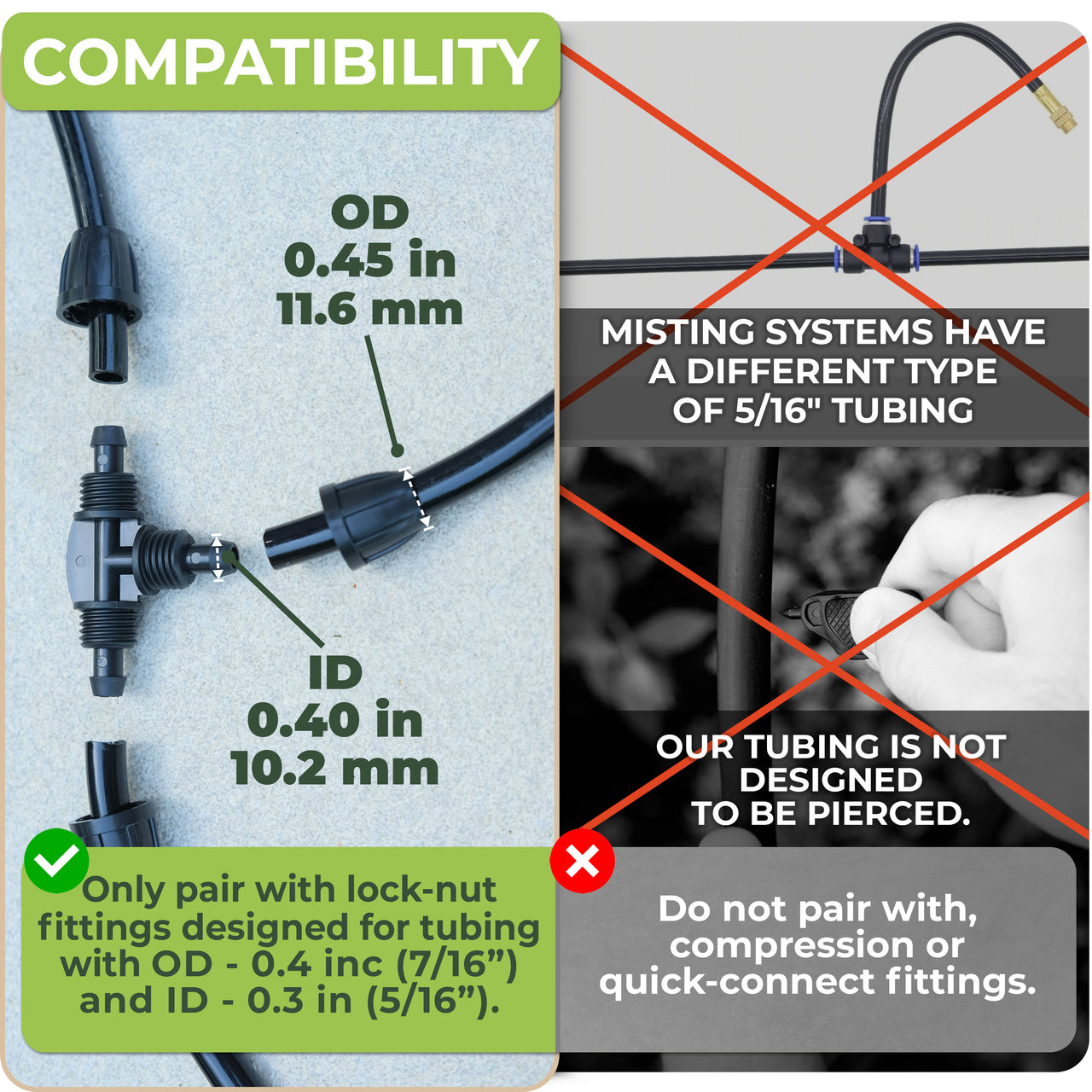 Compatibility chart for misting system tubing with lock-nut fittings and a warning against compression or quick-connect fittings.