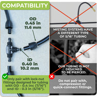 Thumbnail for Compatibility chart for misting system tubing with lock-nut fittings and a warning against compression or quick-connect fittings.