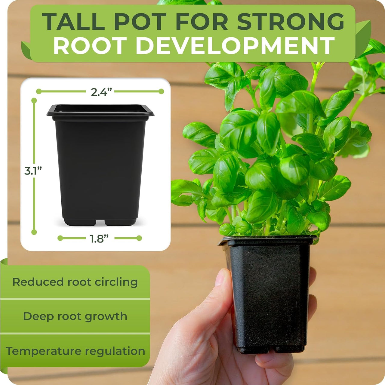 Square Nursery Pots - Sized perfectly at 2.4"x2.4" and standing at 3.1" - reduced root circling, deep root growth, temperature regulation