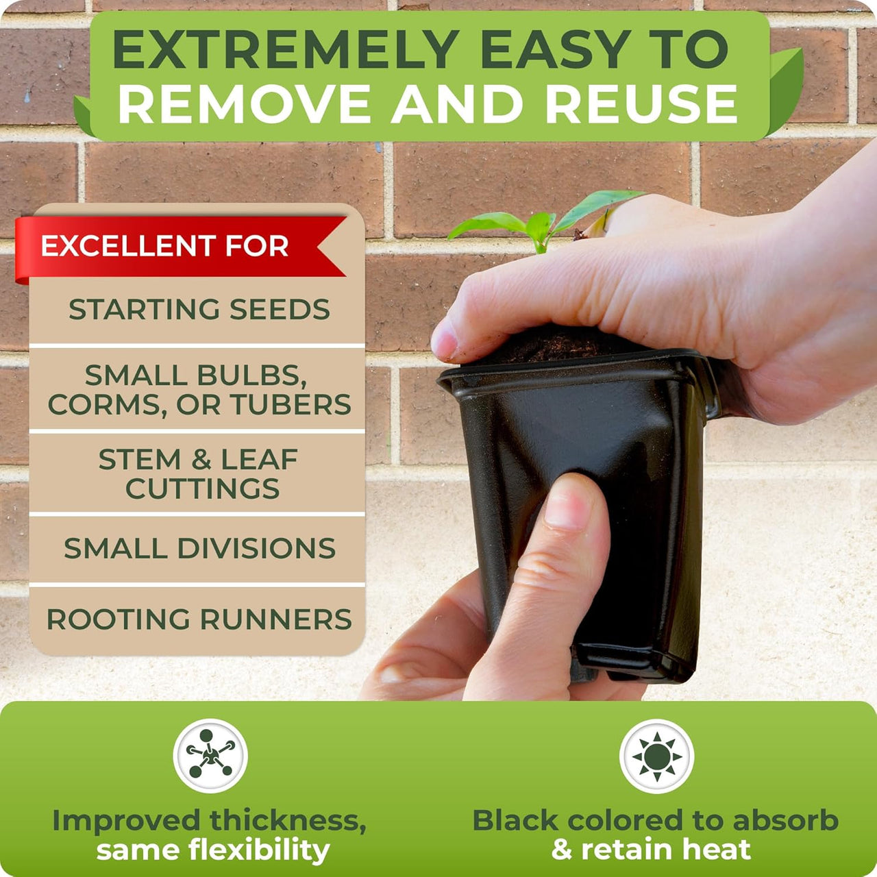 These plastic seedling pots boast flexibility for easy plant removal and durability that withstands accidental impacts