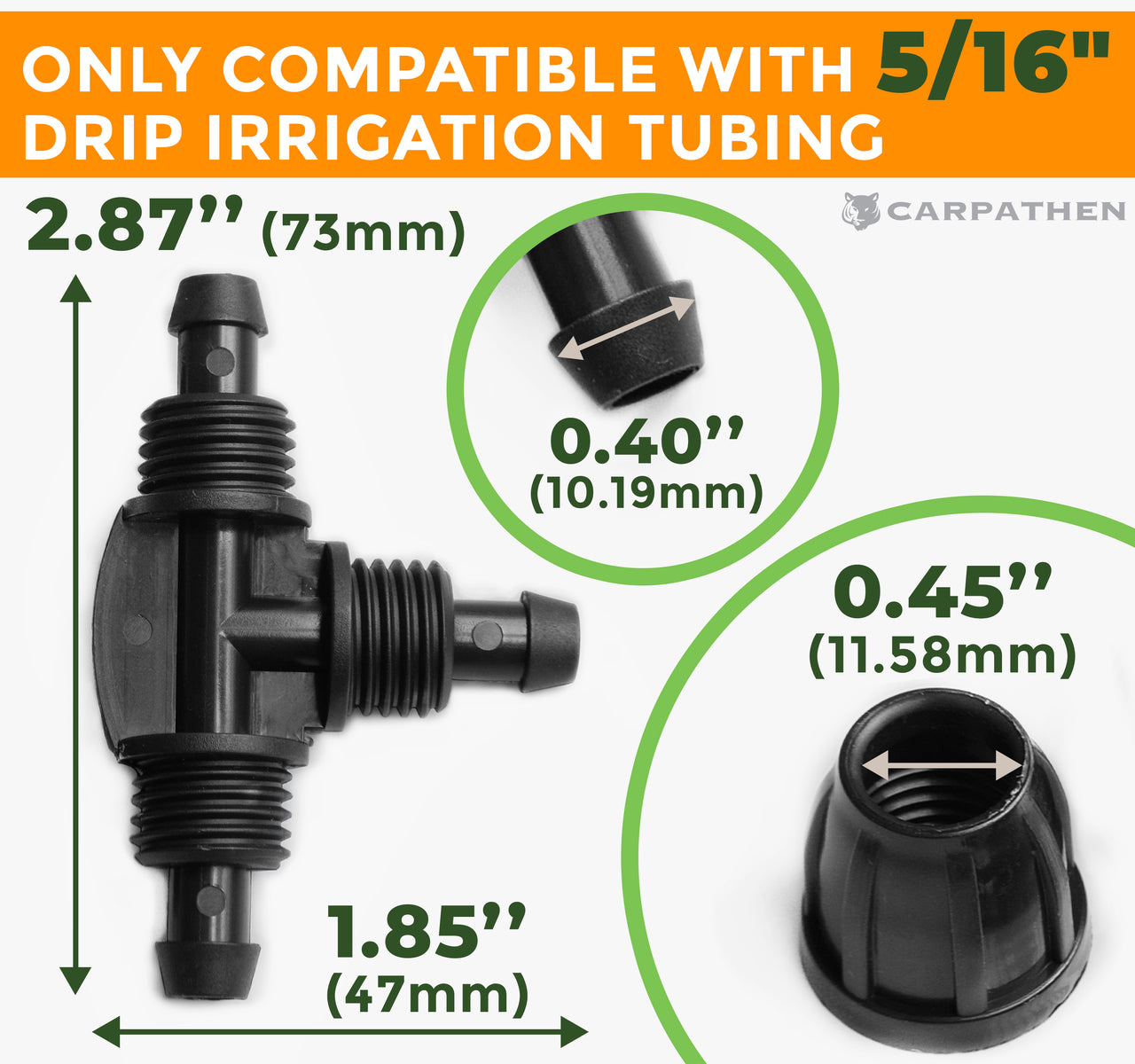 Drip Irrigation Fittings - 5pcs Barbed Tee Connector for 5/16 Irrigation Tubing (.42" OD x .30" ID) - Splitter 3 Way Lock T Connectors | Carpathen, 2