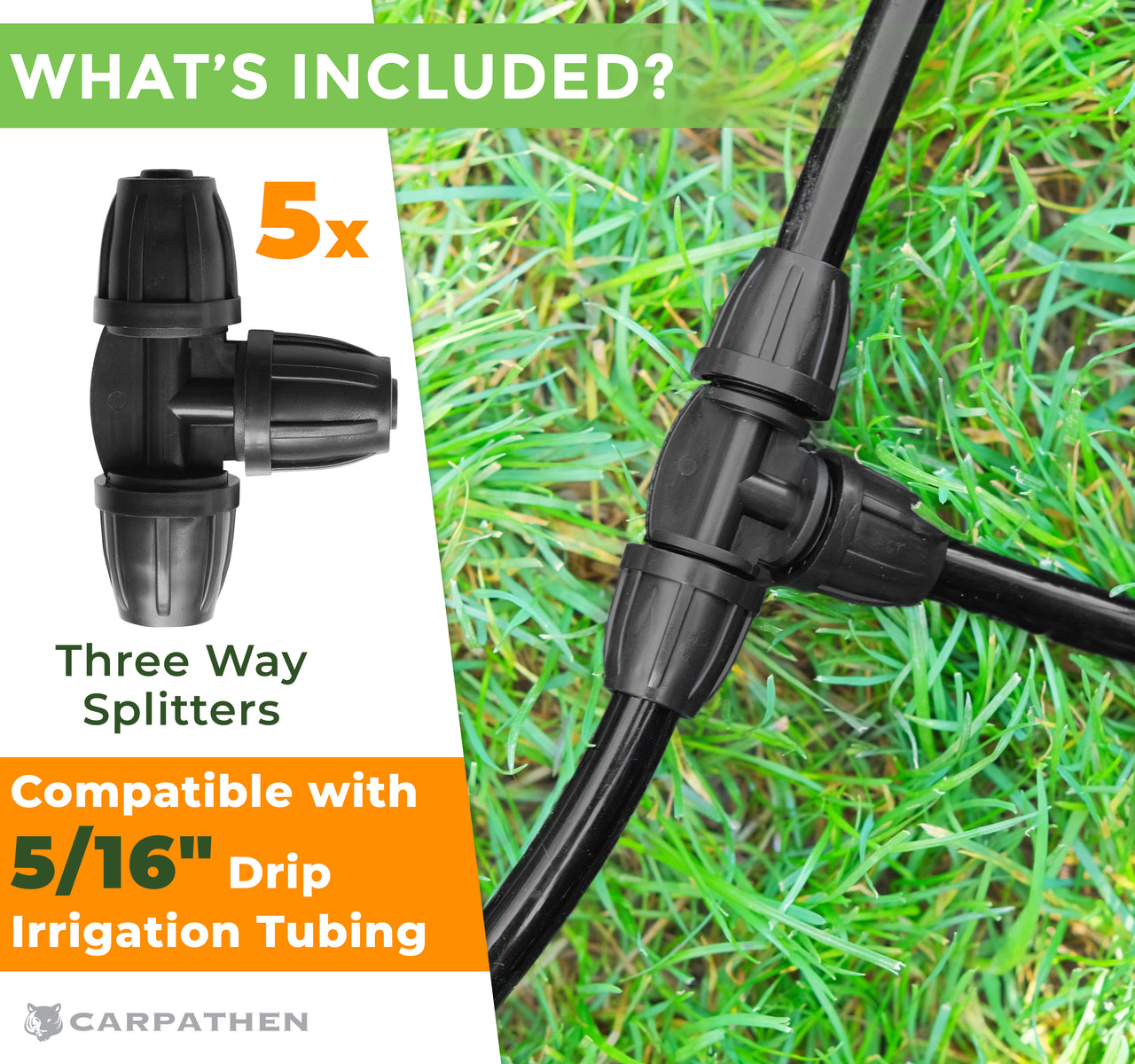 Drip Irrigation Fittings - 5pcs Barbed Tee Connector for 5/16 Irrigation Tubing (.42" OD x .30" ID) - Splitter 3 Way Lock T Connectors | Carpathen, 3