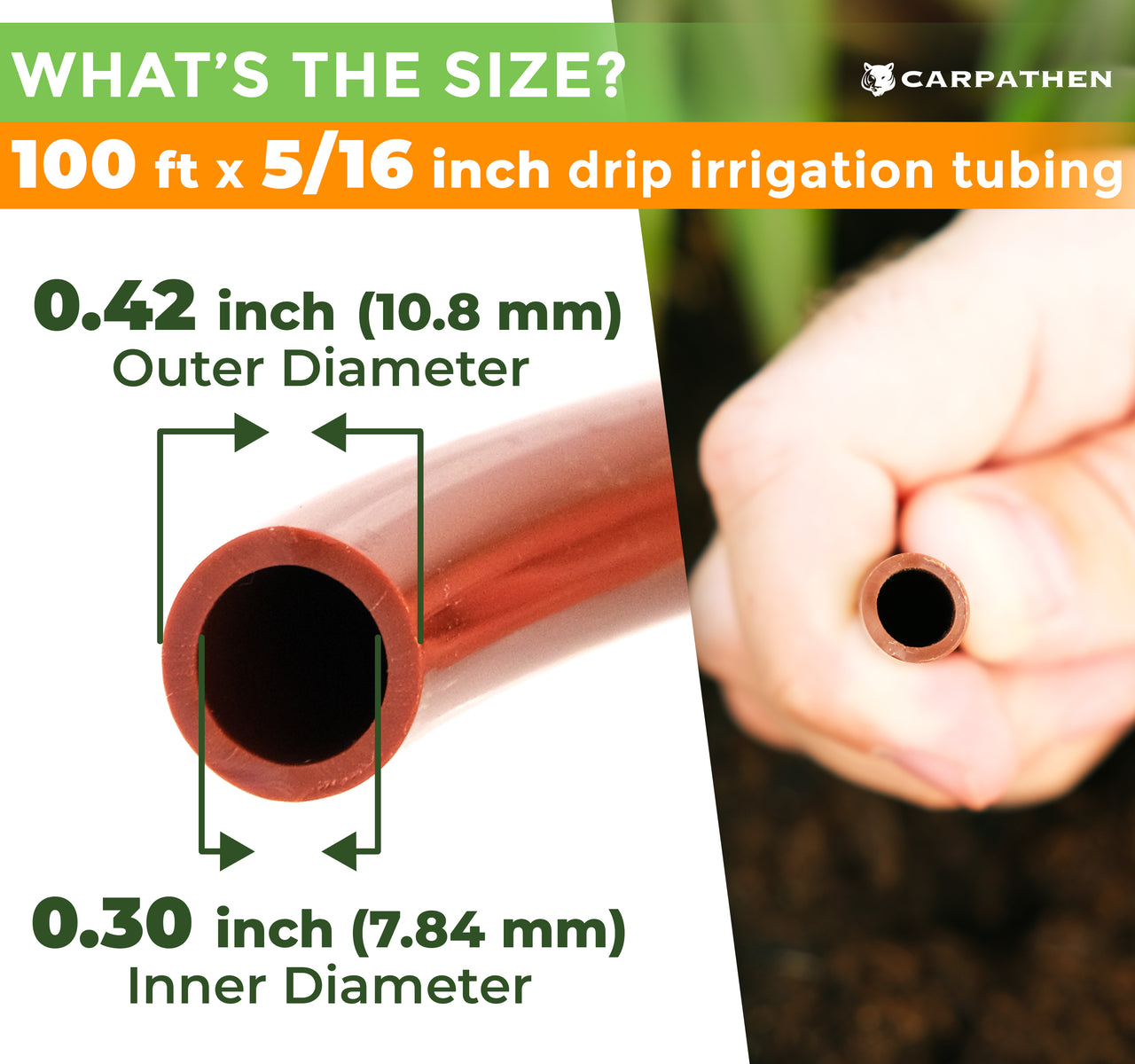 5/16 Drip Irrigation Tubing - 100 ft Brown Tubing Drip Line (.40" OD x .32" ID) | Carpathen, 3