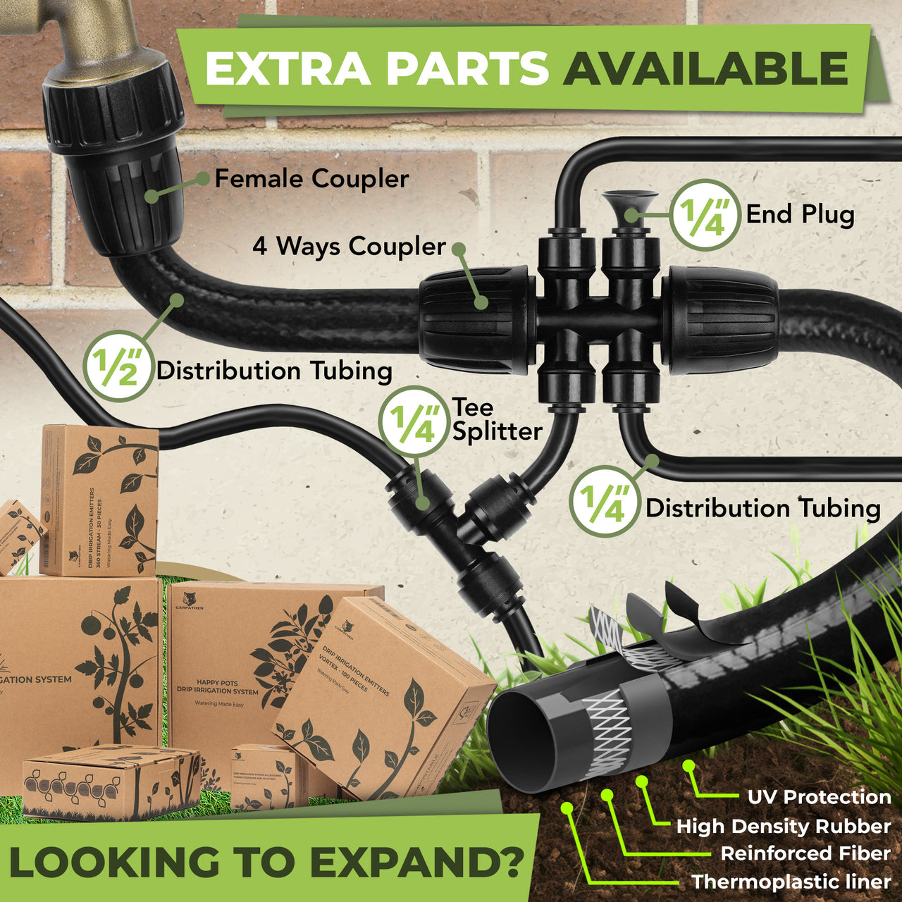 Extra parts available : female coupler , 4 ways coupler, end plug, 1/2" tubing, Tee splitter, 1/4" tubing. 