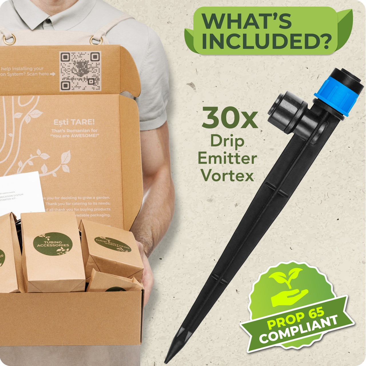 The new and improved drip emitters set includes 30 Quick Connect Irrigation Emitters Vortex + 1 x Complete Instruction Guide Hard Copy.