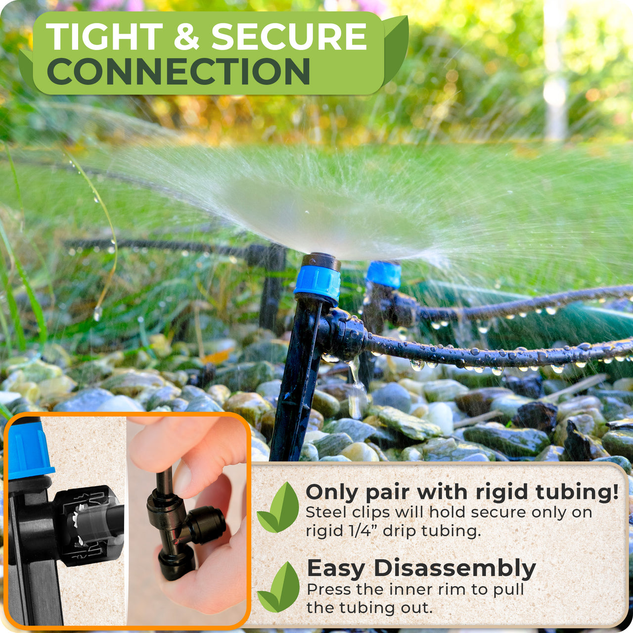 Garden irrigation system with water spraying, featuring text on tight and secure connection and compatibility with rigid tubing.