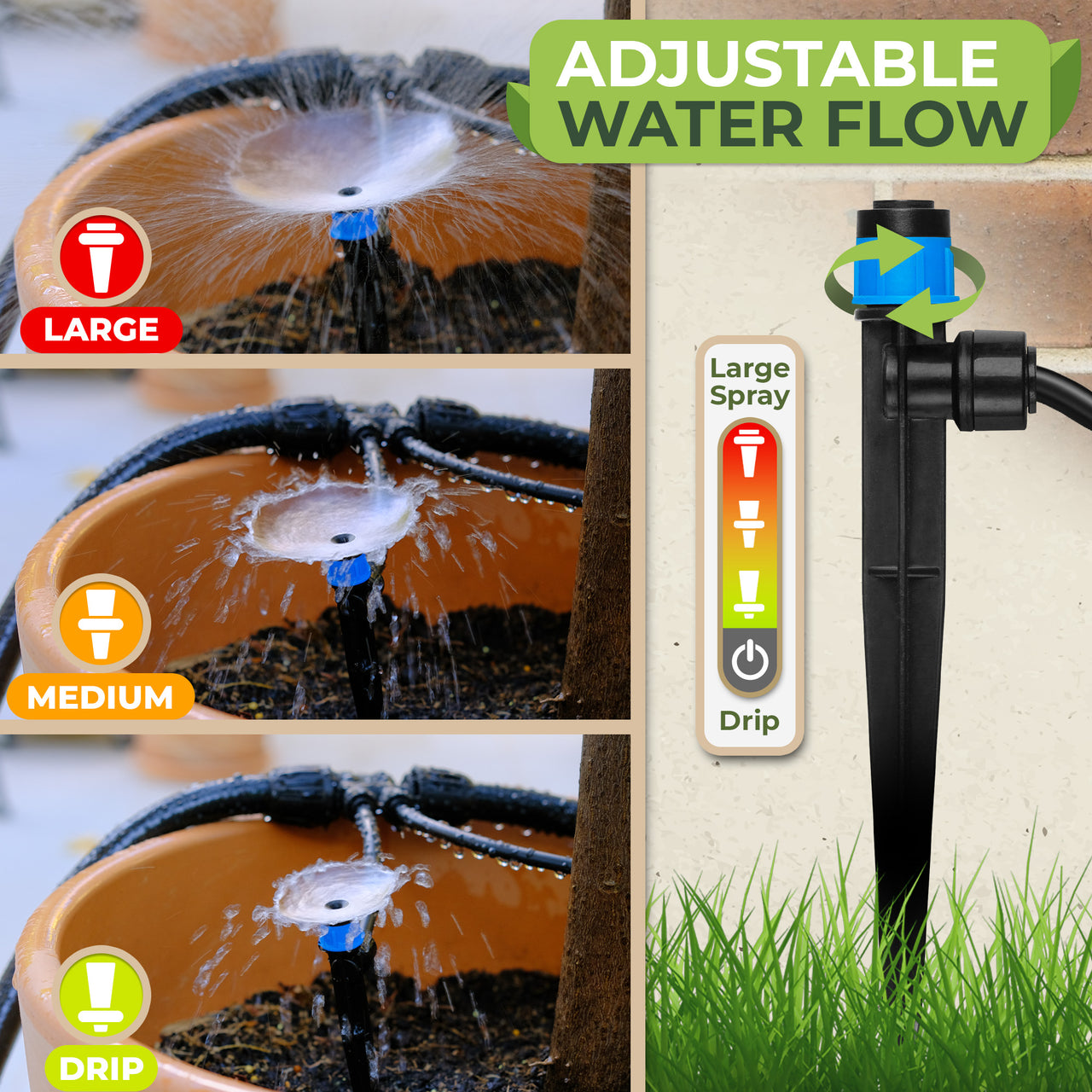 Adjustable water flow system for plants with different spray settings shown on a grassy background.