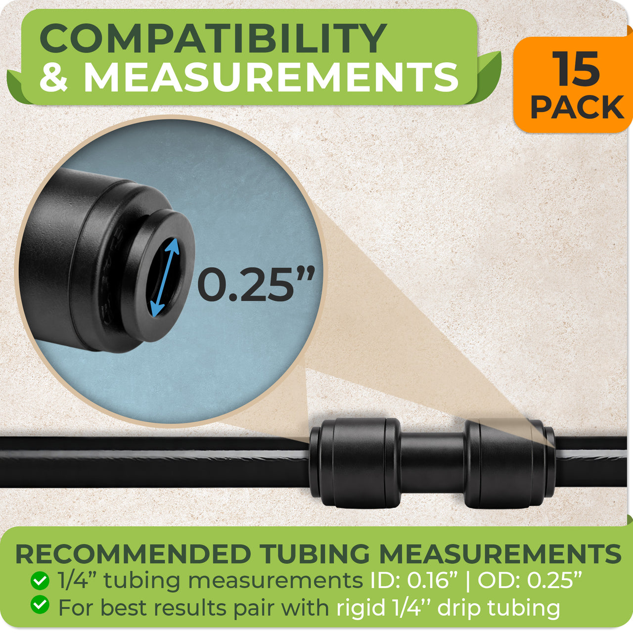 Easily connect two 1/4" irrigation tubes in seconds—no tools, glue, or clamps required. Simply push the tubing onto the coupler for a tight, secure fit.