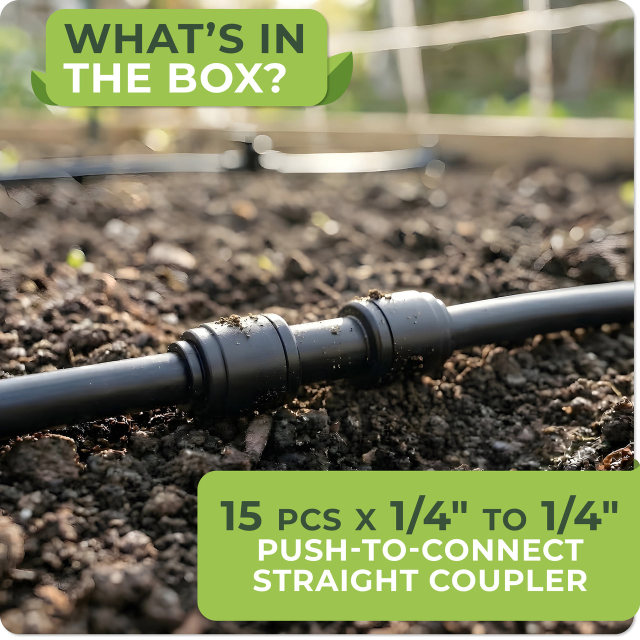 Drip Irrigation Coupling Connectors: 15 pcs 1/4" to 1/4" Straight Couplers designed to connect or extend 1/4" irrigation tubing