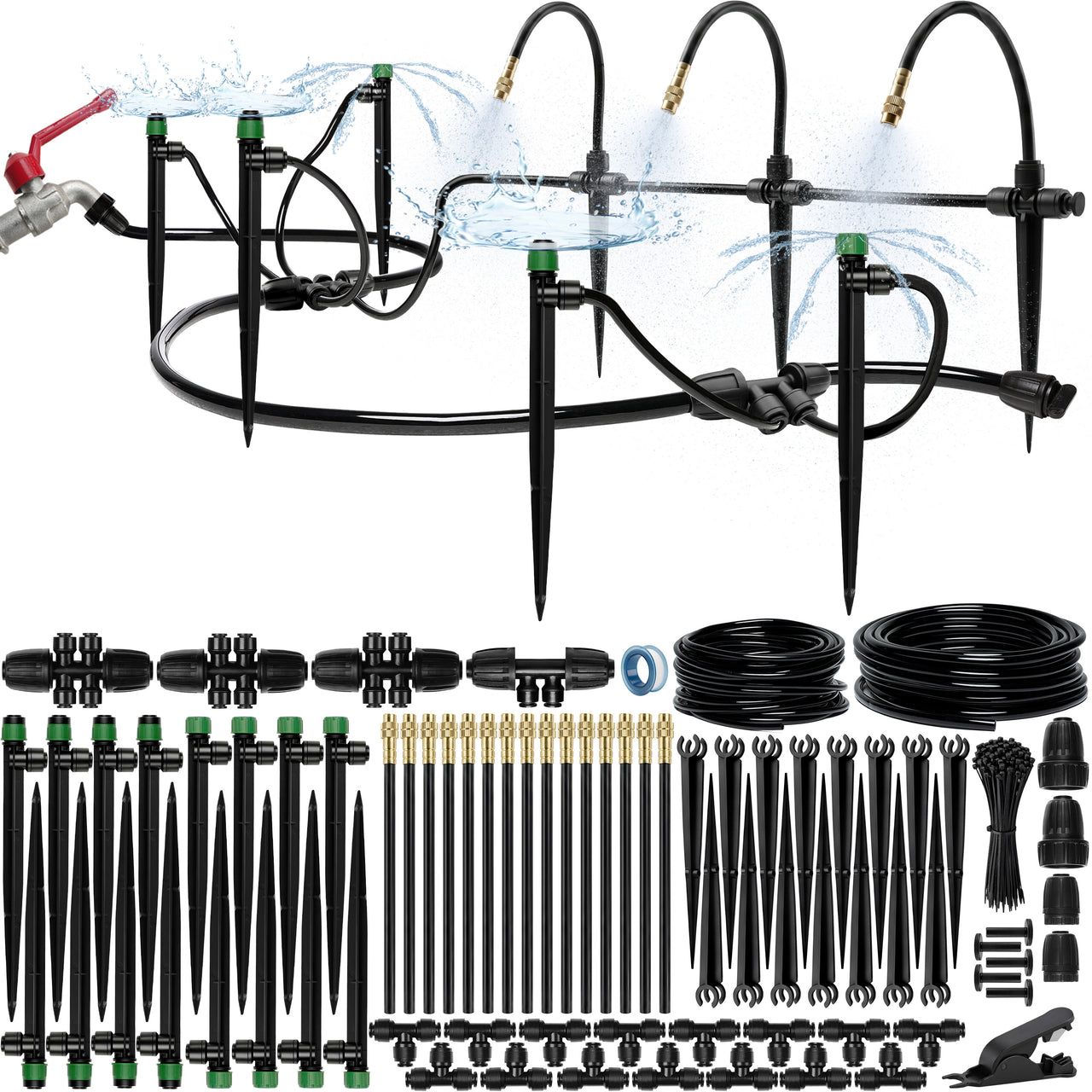 CARPATHEN 100FT Drip Irrigation System - Complete Garden Watering System w 15pcs 360° Atomizing Nozzles, 16 Adjustable Drip Emitters 5/16 and 1/4 Tubing- Constant Pressure Watering Spray System