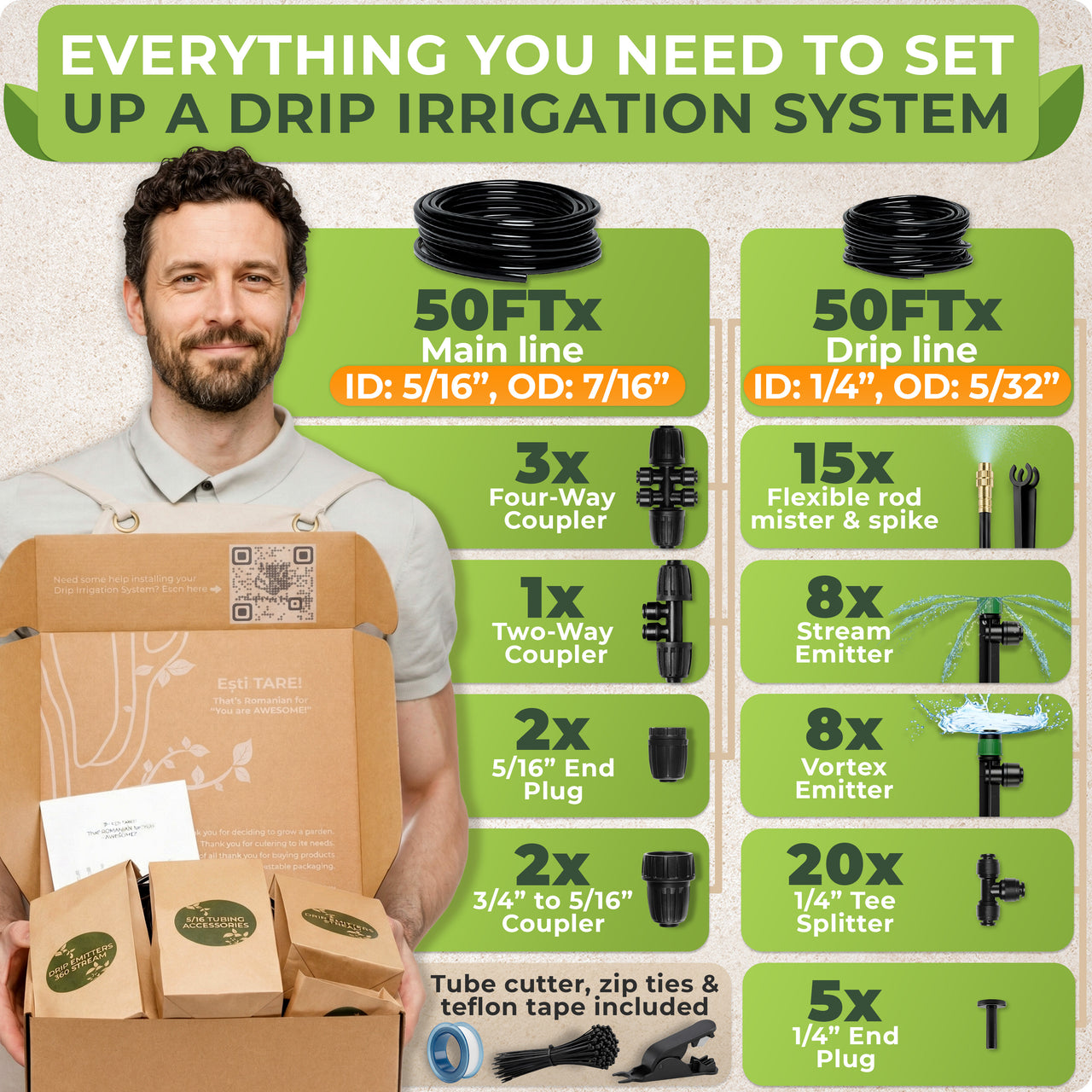3 CONNECTOR TYPES, INFINITE LAYOUTS 3x four-way, 1x two-way couplers plus 20x 1/4" tee splitters, 5x 1/4" end plugs, 2x 5/16" end plugs, 2x 3/4" to 5/16" couplers