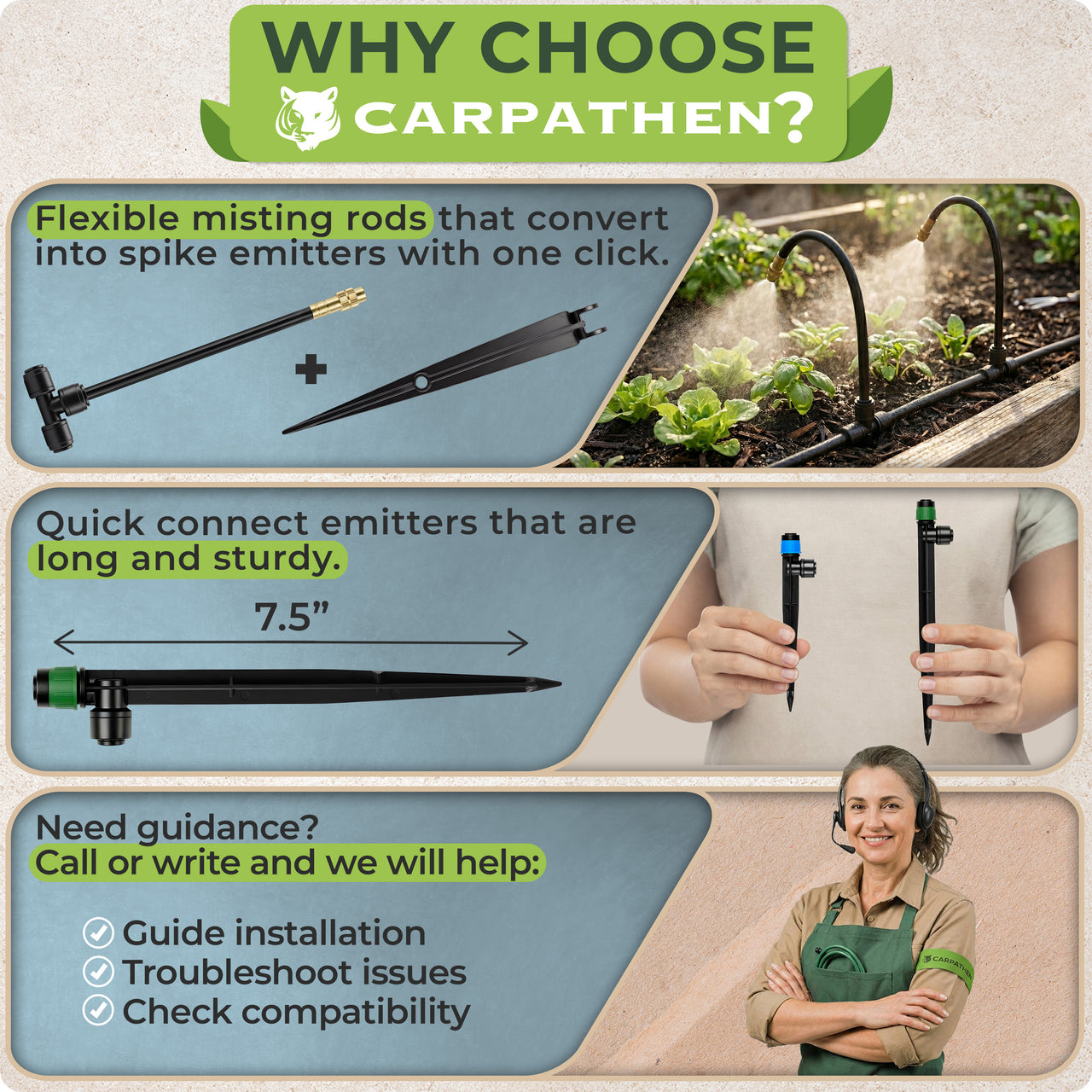 15x flexible rod misters, 8x stream emitters for drip irrigation for raised beds.,8x vortex emitters for herbs, flowers and potted plants.