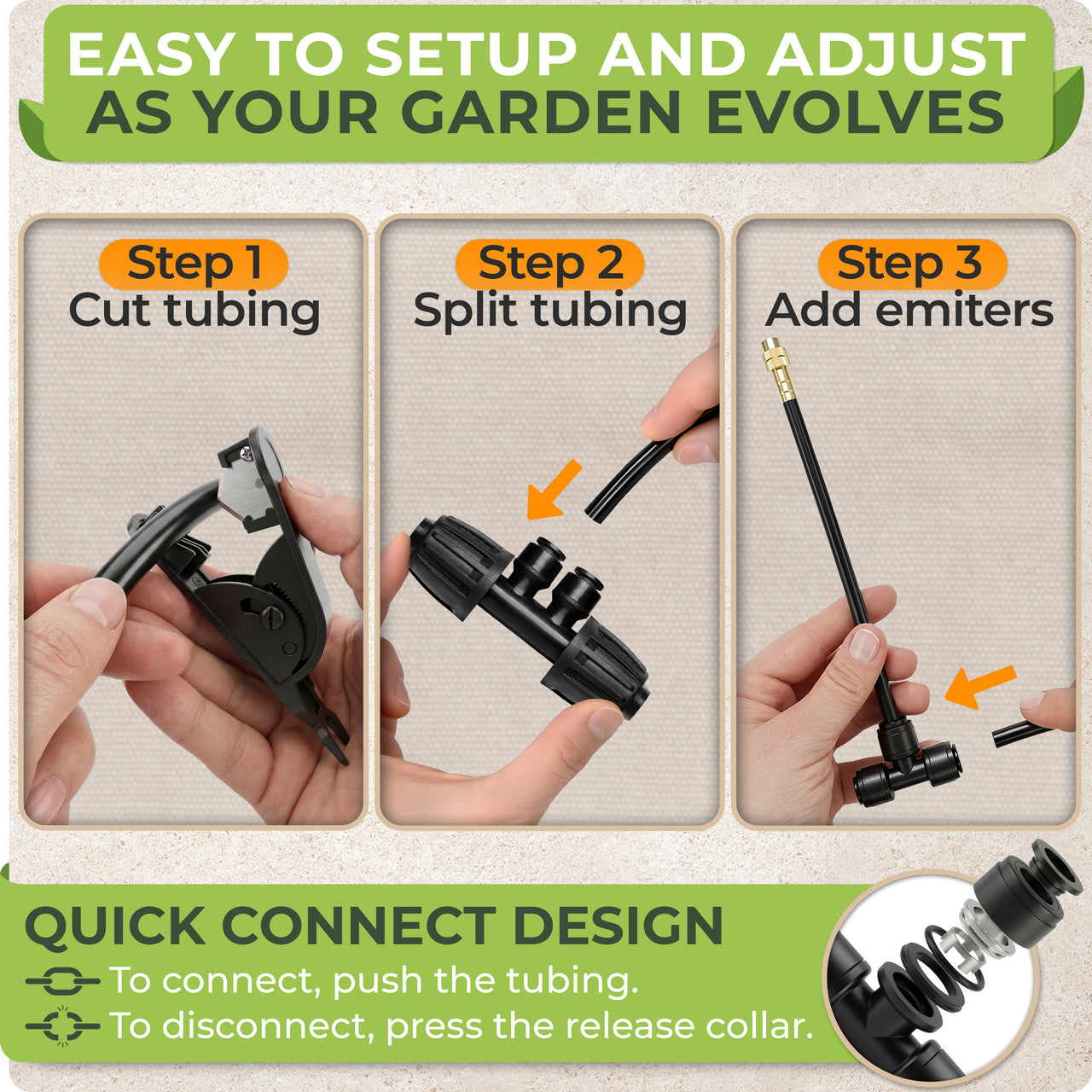 3-STEP QUICK CONNECT SETUP — CUT, SPLIT, CONNECT. AUTOMATIC GARDEN WATERING SYSTEM IN 30 MIN Step