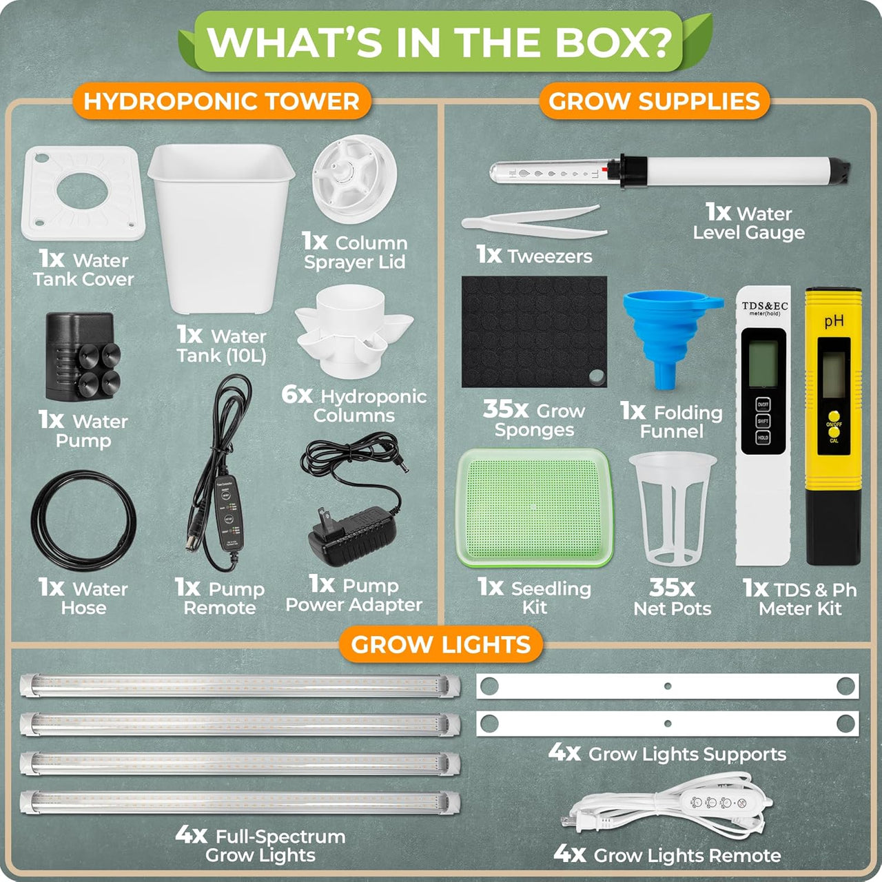 The Carpathen 6-level hydroponic tower includes everything you need for successful indoor gardening: grow lights, pH and TDS meters, 10L water tank, seedling tray, hydroponic pots, net cups, grow sponges, tweezers, water-level indicator and folding funnel. 