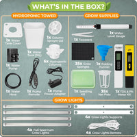 Thumbnail for The Carpathen 6-level hydroponic tower includes everything you need for successful indoor gardening: grow lights, pH and TDS meters, 10L water tank, seedling tray, hydroponic pots, net cups, grow sponges, tweezers, water-level indicator and folding funnel. 