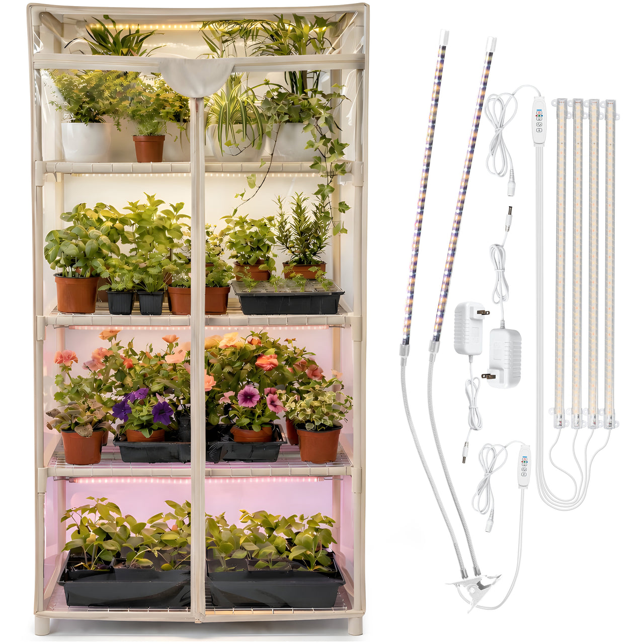Indoor Greenhouse with Grow Lights - 4 Tiers 27.2"L x 19.3"W x 54"H with 4 Dimmable 15W Full Spectrum LED Light Strips and 2 Gooseneck Clip-on Plant Lamp - Mini Greenhouse with Zip PVC Cover