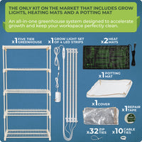 Thumbnail for The mini indoor greenhouse with grow light comes with a durable PVC cover, 4 powerful plant grow lights indoor, 2 heating mats to maintain ideal soil temperature, and easy-to-follow instructions