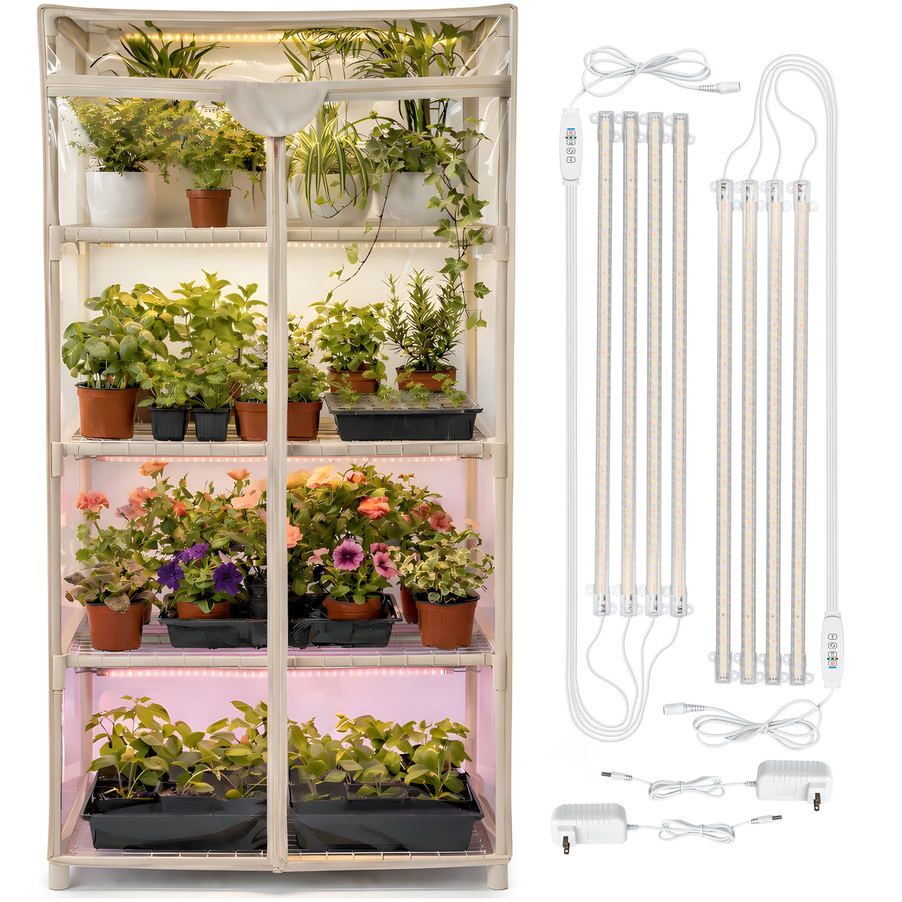 Indoor Greenhouse with Grow Lights - 4 Tiers 27.2"L x 19.3"W x 54"H with 8 Dimmable 15W Full Spectrum LED Light Strips and Spectrum Control 