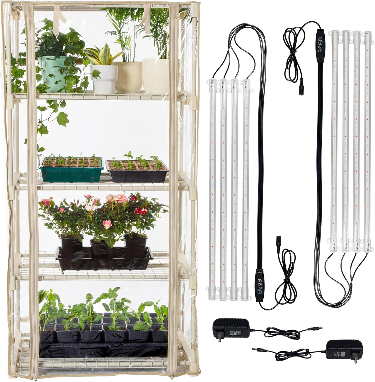 Indoor Greenhouse with Transparent PVC Tent Cover, Dimmable 15W Full-Spectrum LED Light Strips
