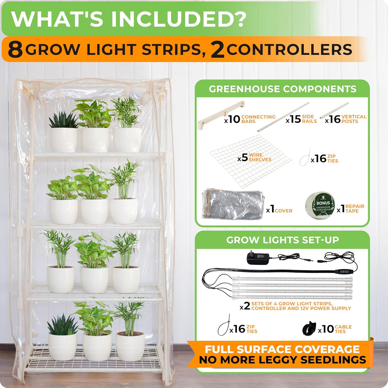  Indoor Greenhouse with Transparent PVC Tent Cover, Dimmable 15W Full-Spectrum LED Light Strips & Power Controllers