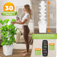 Thumbnail for Woman tending to an indoor hydroponic garden with text highlighting features like '30 growing pots' and 'automatic water pump'.