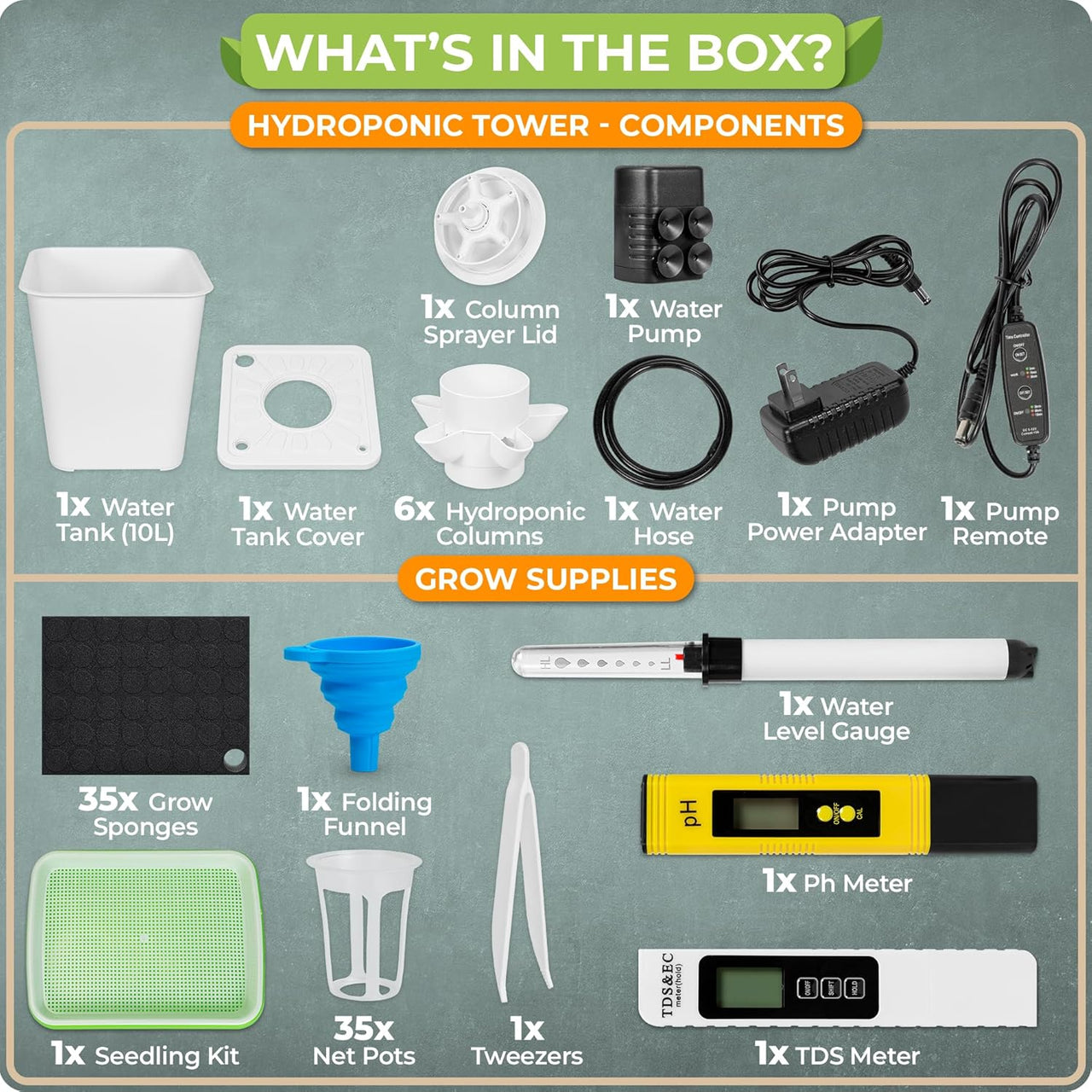 Complete Hydroponics Growing System Kit: The Carpathen 6-level hydroponic tower includes everything you need for successful indoor gardening: 10L water tank, 6 hydroponic columns, water pump, water hose, seedling kit, 35 grow sponges, 35 net pots, tweezers, folding funnel, water-level gauge, plus pH and TDS meters. 