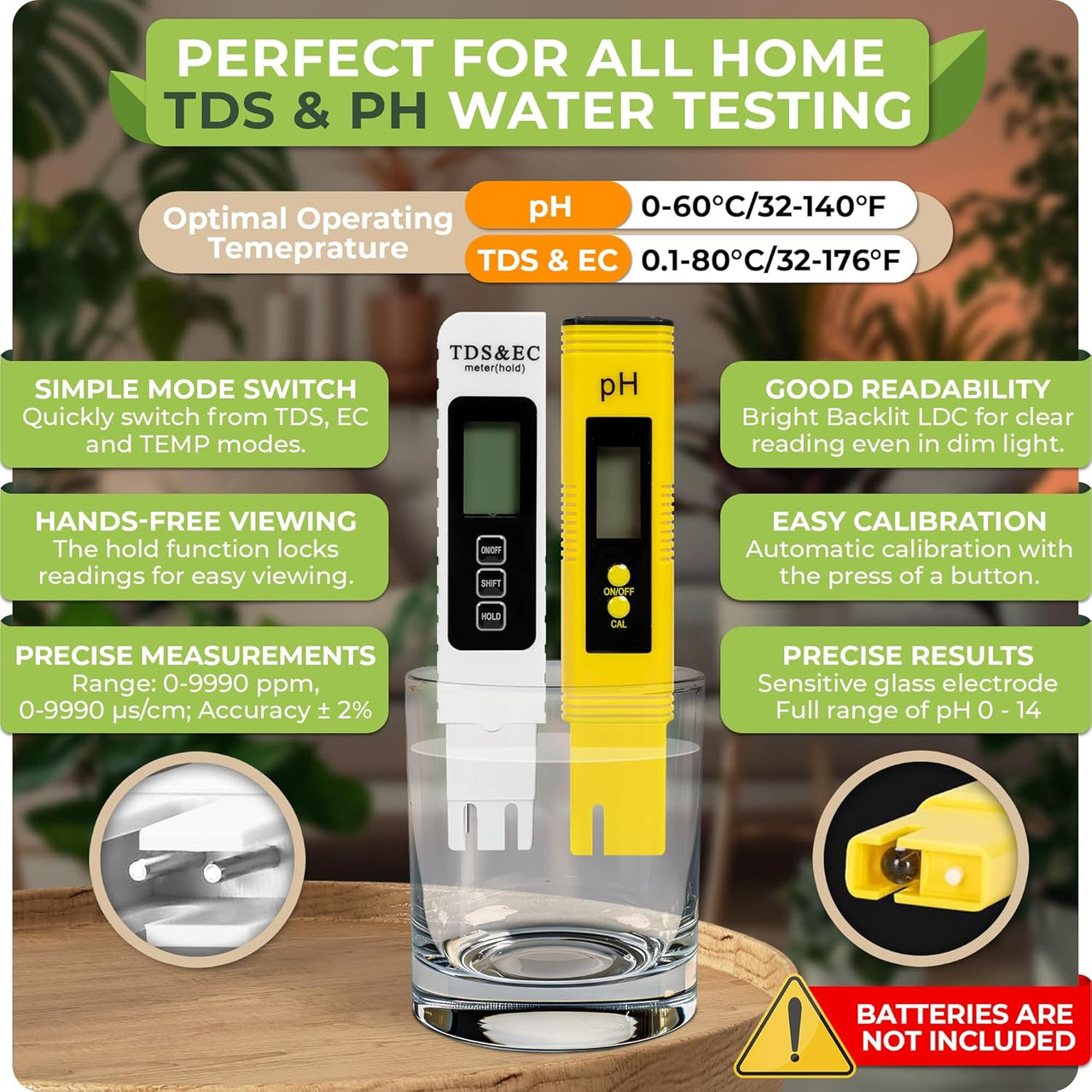 Hydroponic pH and TDS Meter Combo – Ideal for hydroponics growing system tower, aeroponic tower garden, and herb garden indoor, this water quality tester kit accurately measures pH and TDS to ensure optimal nutrient levels for plants.