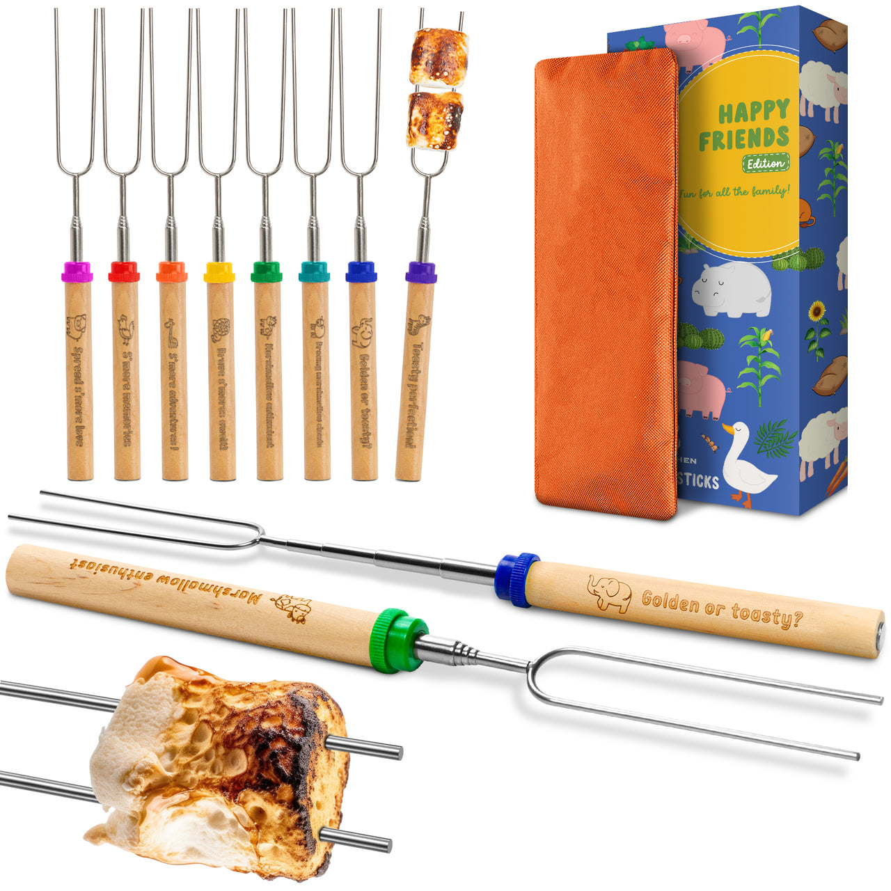 Marshmallow Roasting Sticks - Marshmallow Roasting Sticks for Kids - Set of 8 Smores Sticks with Animals Engraved Handles | Carpathen