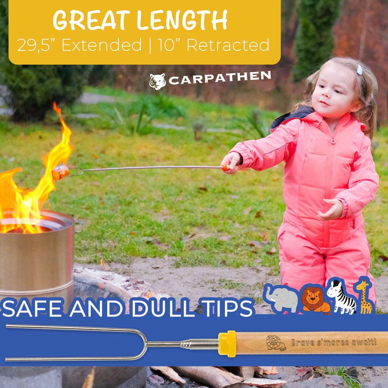 Designed with safety in mind, these extra-long marshmallow roasting sticks extend up to 34 inches—keeping little hands far from flames. 