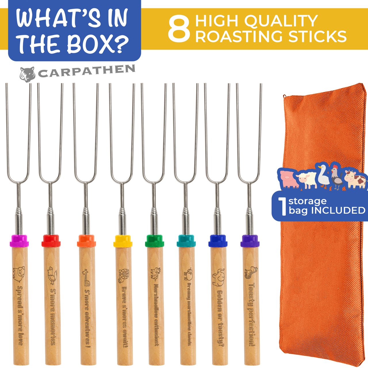 The box includes 8 high quality roasting sticks and 1 storage bag 